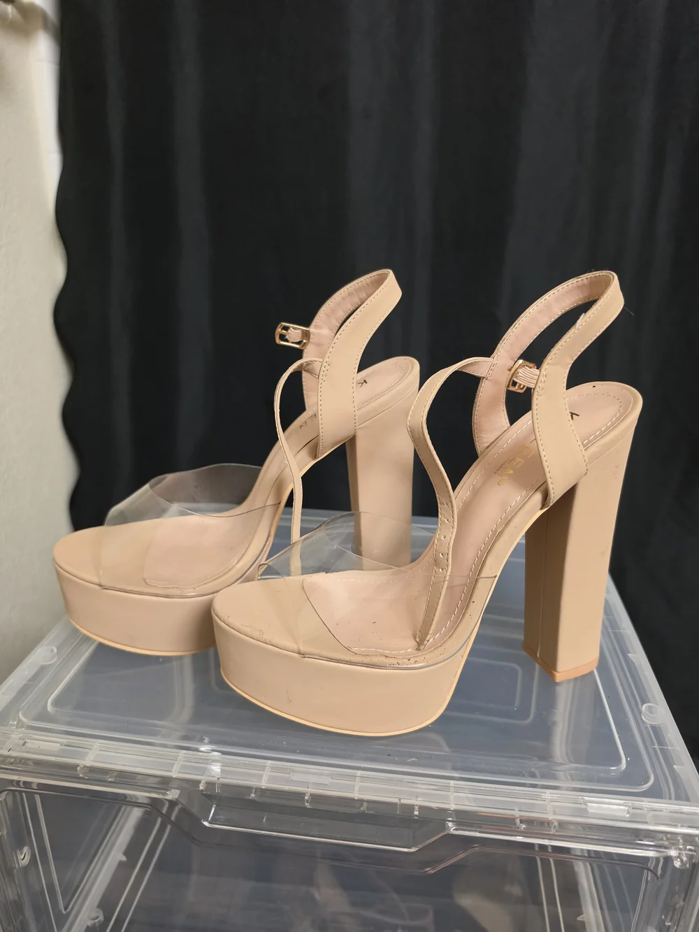 Women's Nude Platform Block Heel Sandals - Ankle Strap