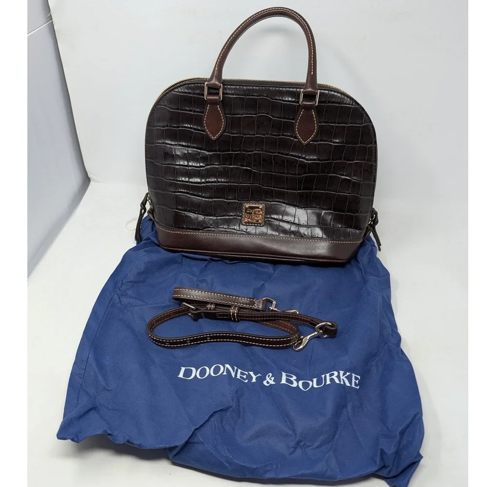 Dooney & Bourke Croc Embossed Leather Dome Satchel Brown Crossbody Handbag