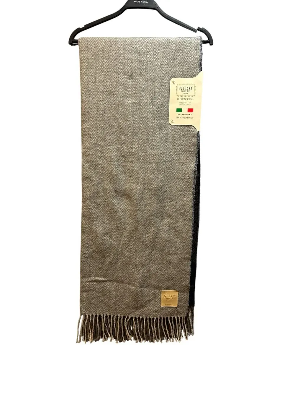 Nido Notte Italia throw blanket gray and cream herringbone pattern with fringe