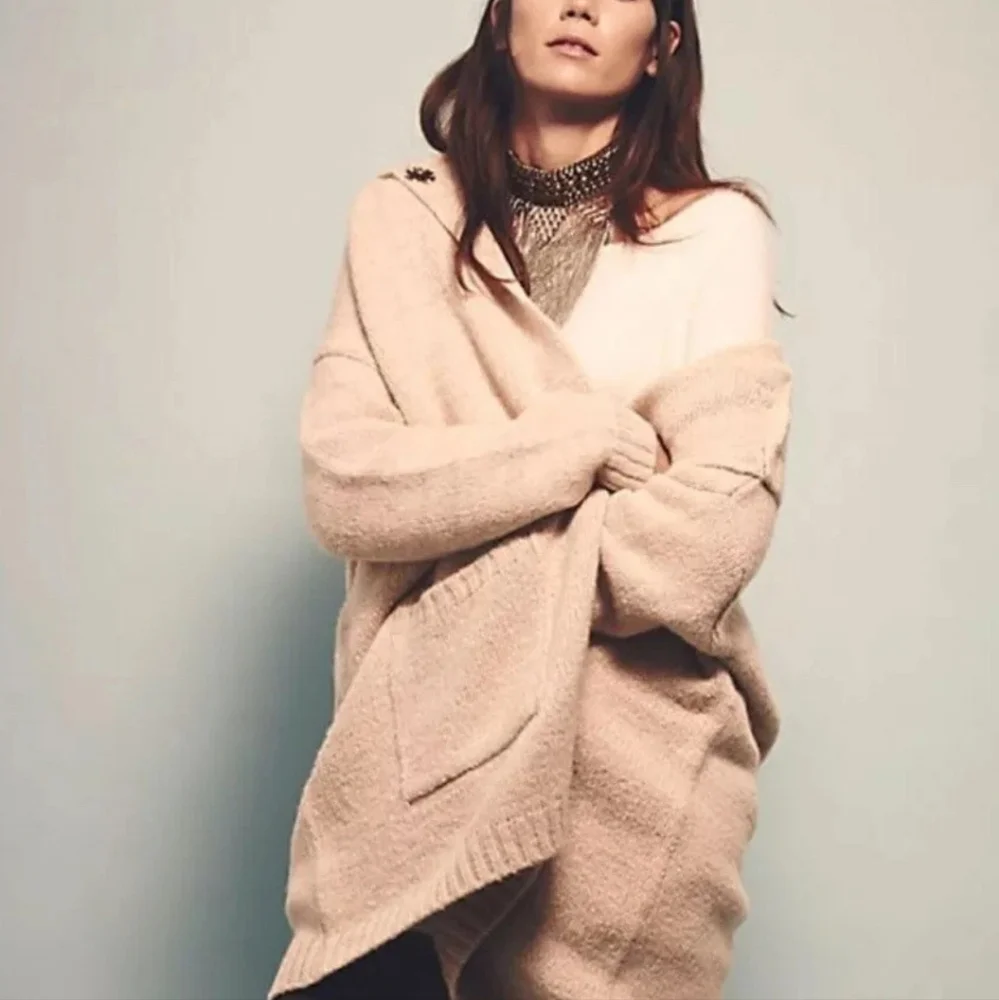 Free People Eyes On You Cozy Gray Tan Hooded Sweater XS