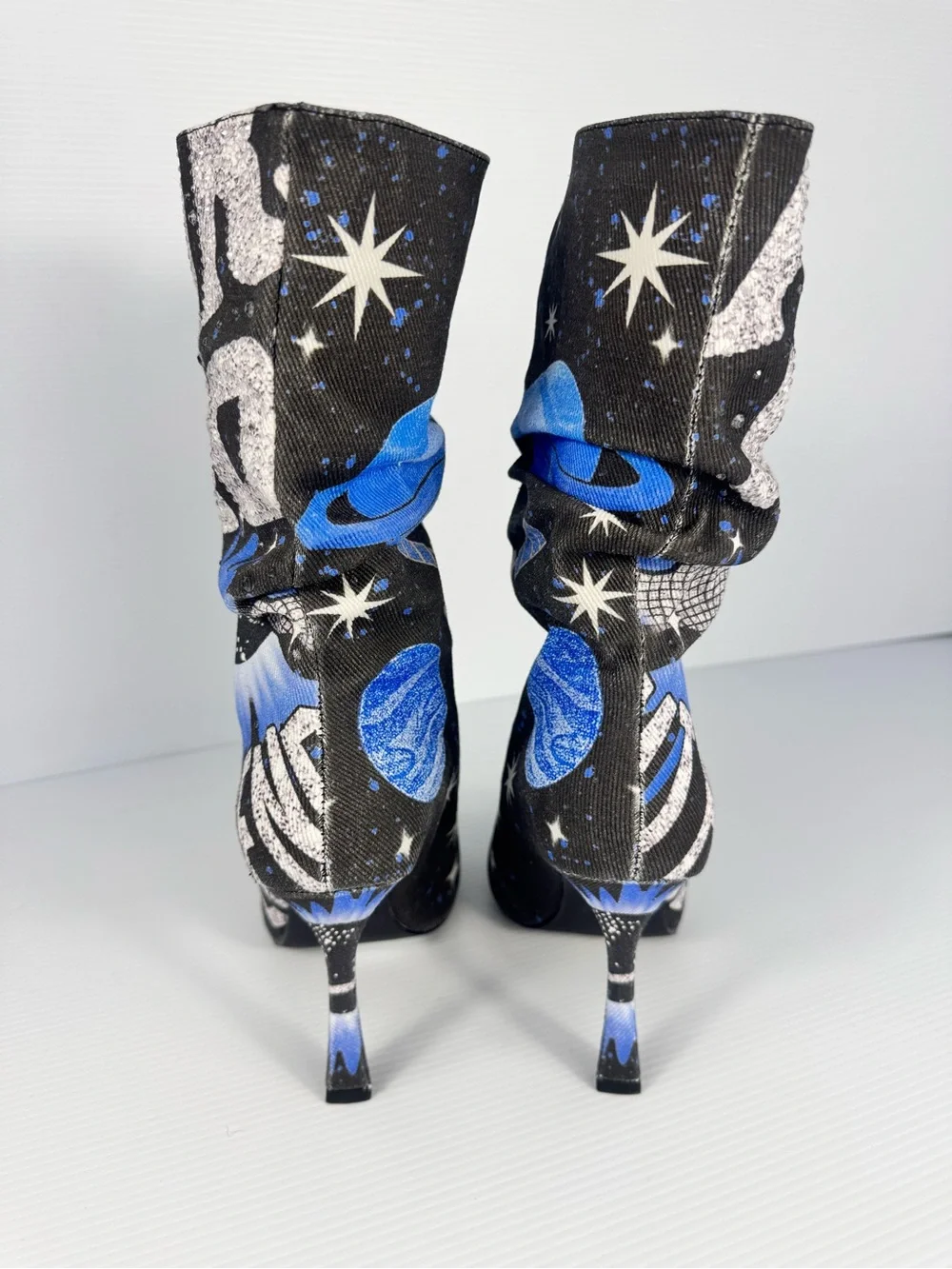 NEW AKIRA Black Multi Galaxy Space Peep Toe Slouch Stiletto Booties