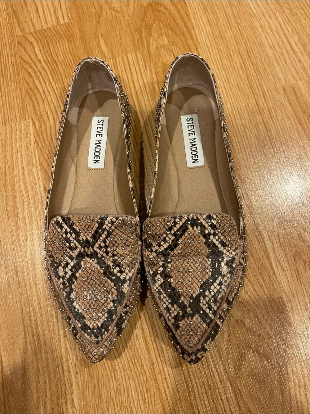 Steve Madden Feather Snake-Print Studded Pointed Toe Flats