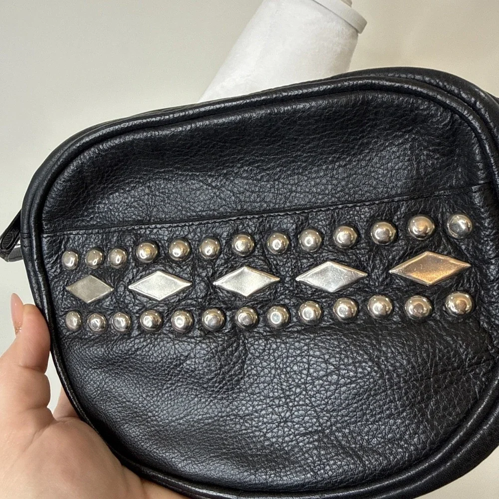 Vintage Leather Western‎ Round Mini Crossbody Bag Black Studded Biker Southwest