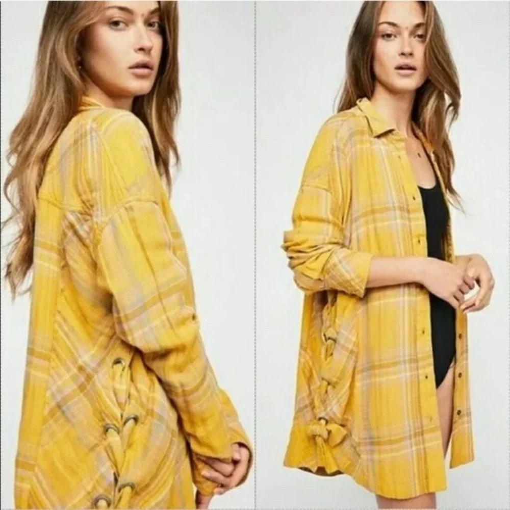 Free People Mustard Yellow Plaid Lace Up‎ Side Oversized Button Down Shirt XS