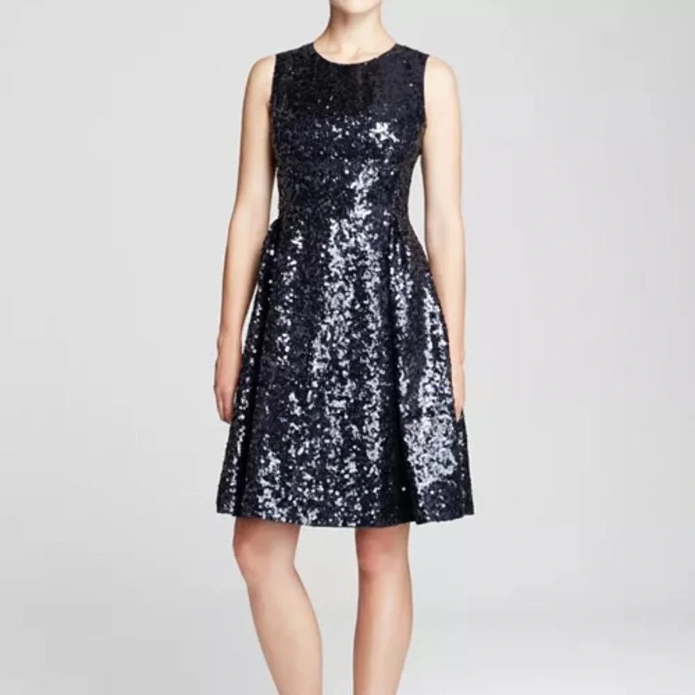 Kate Spade Sequin Fit and Flare Dress Women's Size 6 NWT Black Bow Festive Event