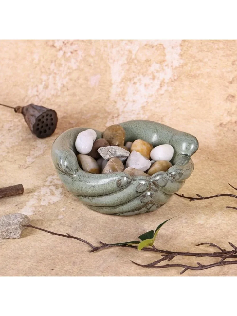 Vintage Green Ceramic Hands Bowl Dish - Candy Holder, Succulent Planter & Key