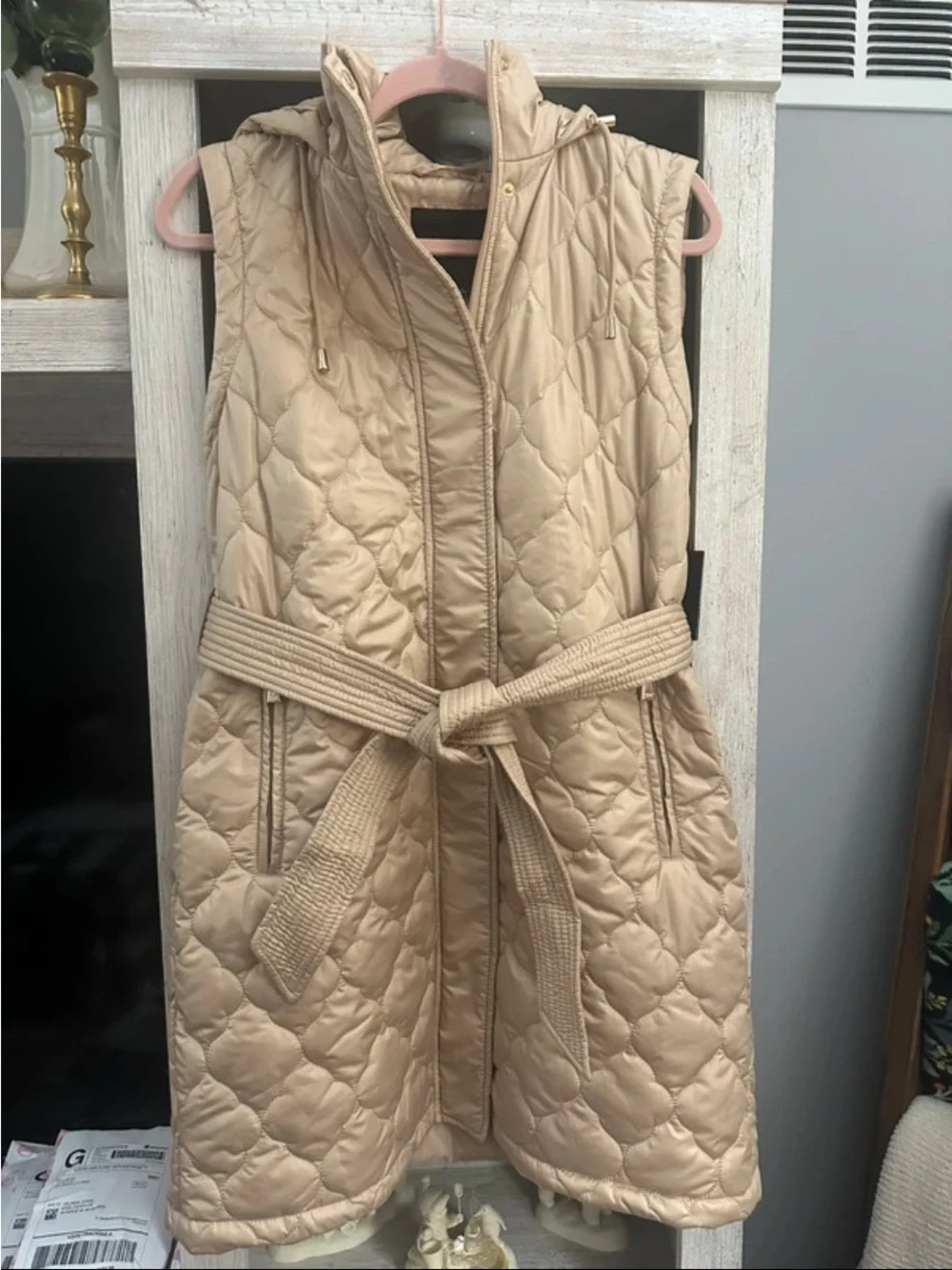kate spade Quilted Satin Vest in Taupe with Gold Hardware