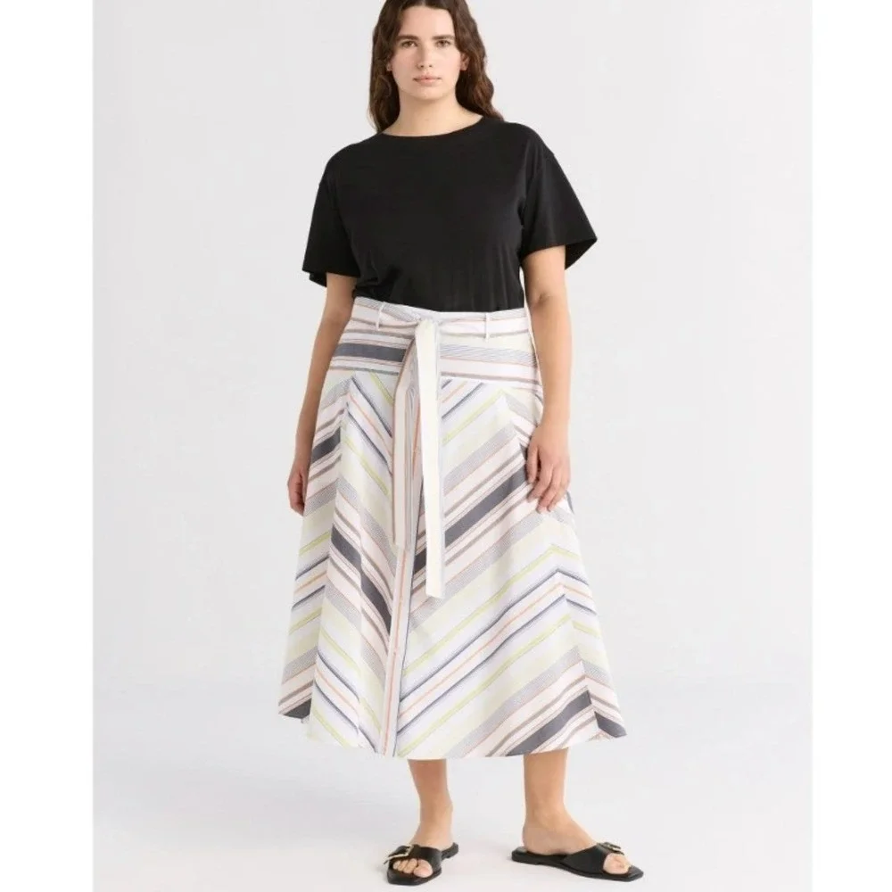 Free Assembly Womens 2X Striped Button Front Midi Skirt High Waist Tie‎ Belt NWT
