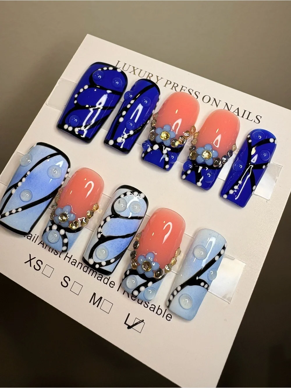 Handmade Blue & Peach Press-On Nail Set with Rhinestones