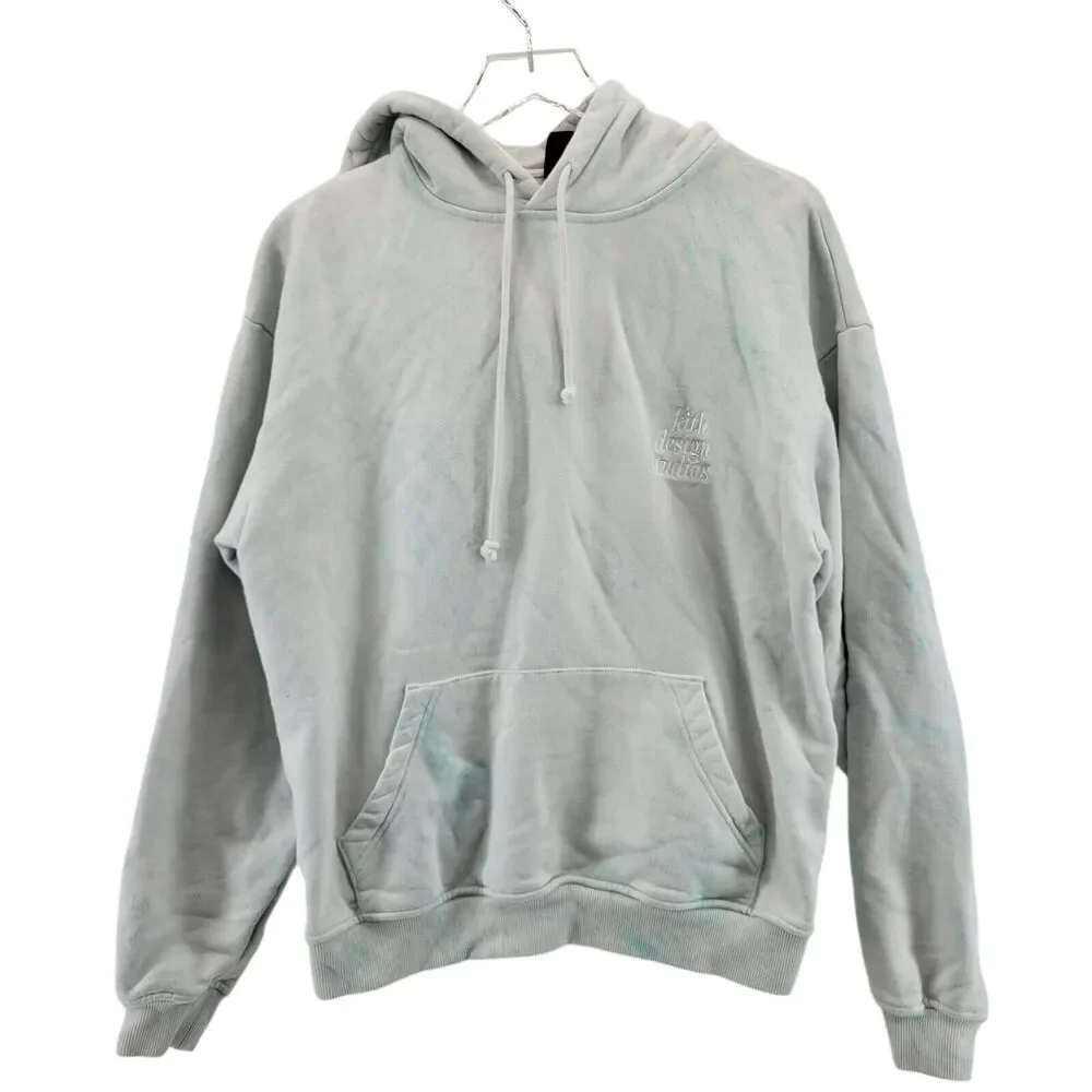 KITH Pullover Hooded Sweatshirt Men Small White Turquoise Blue Watercolor Subtle