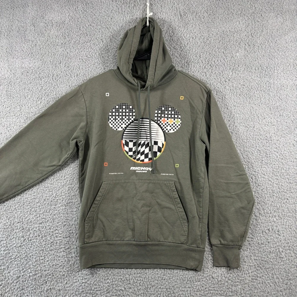 Disney Mickey Mouse Mens Small Olive Green‎ Geometric Graphic Pullover Hoodie S