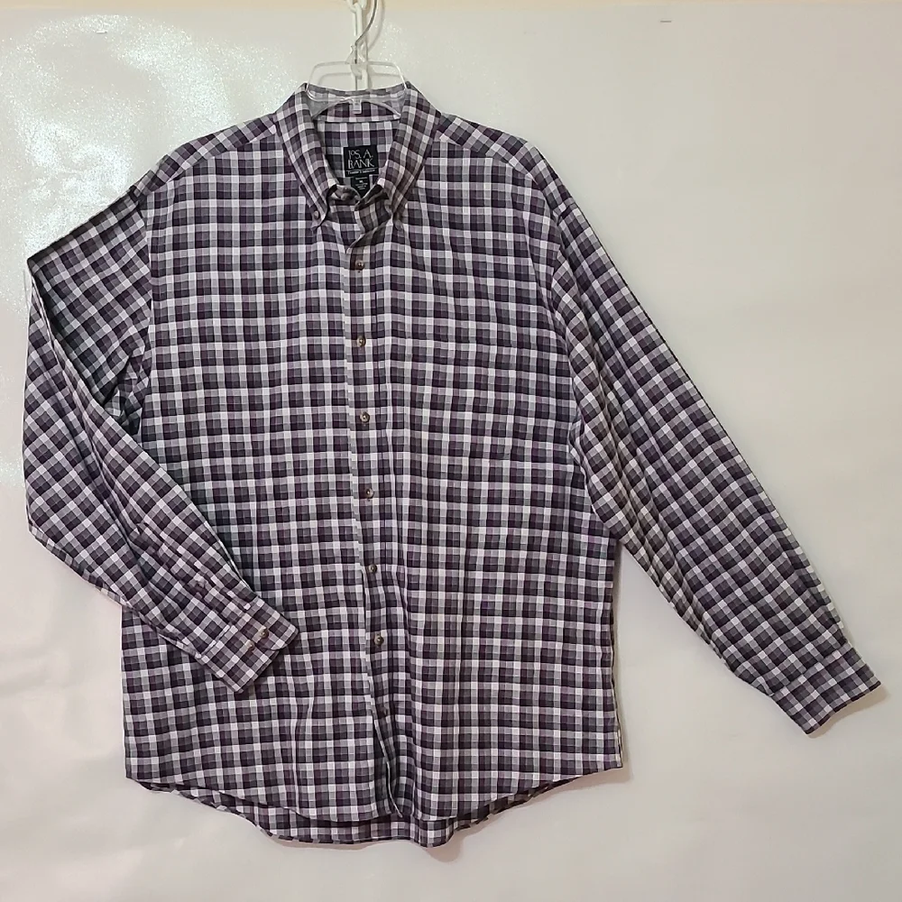 Jos A Bank Men's Purple and Gray Plaid Long Sleeve Button‎ Down Shirt - Size XL