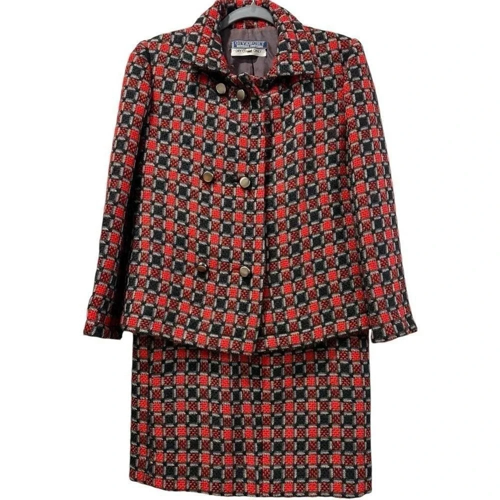Givenchy‎ Boutique Vintage Wool Blend Skirt Suit Red Black Check 10 / 12
