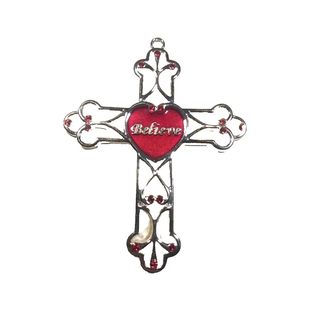 Harvey Lewis Believe Religious Cross Pendant Red Rhinestone Enamel Silver Tone