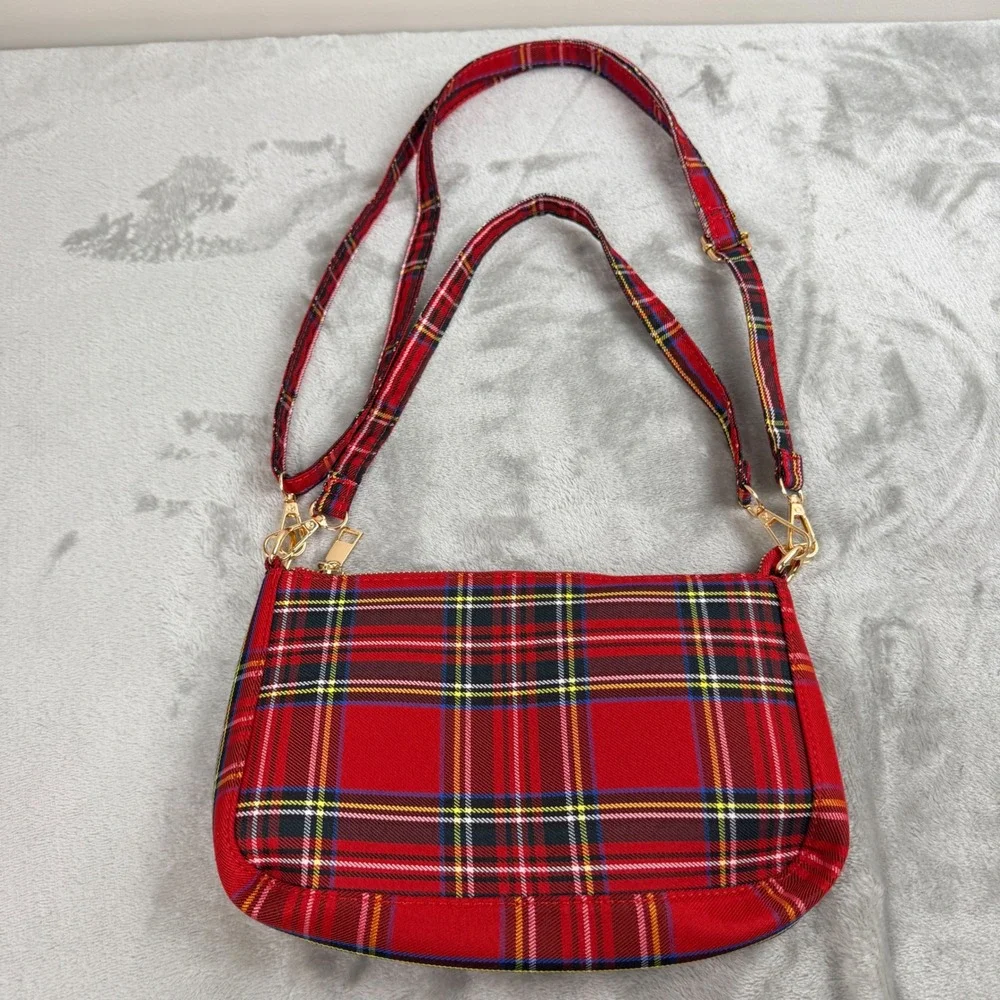 Red Plaid‎ Tartan Crossbody Bag Small Shoulder Purse Gold Hardware