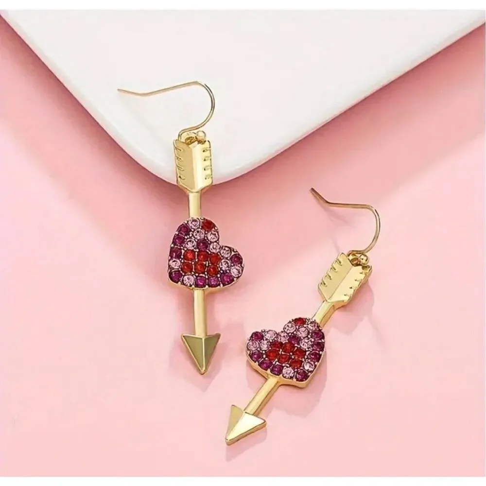 Earrings Heart Arrow Key Dangle‎ Red Pink Gold Jewelry Gift Betsey Johnson Vibes