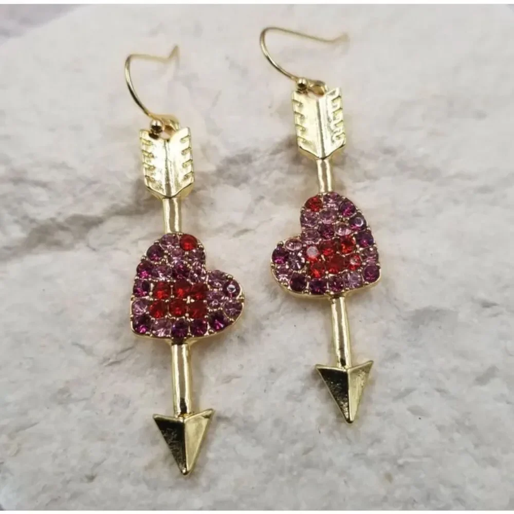 Earrings Heart Arrow Key Dangle‎ Red Pink Gold Jewelry Gift Betsey Johnson Vibes