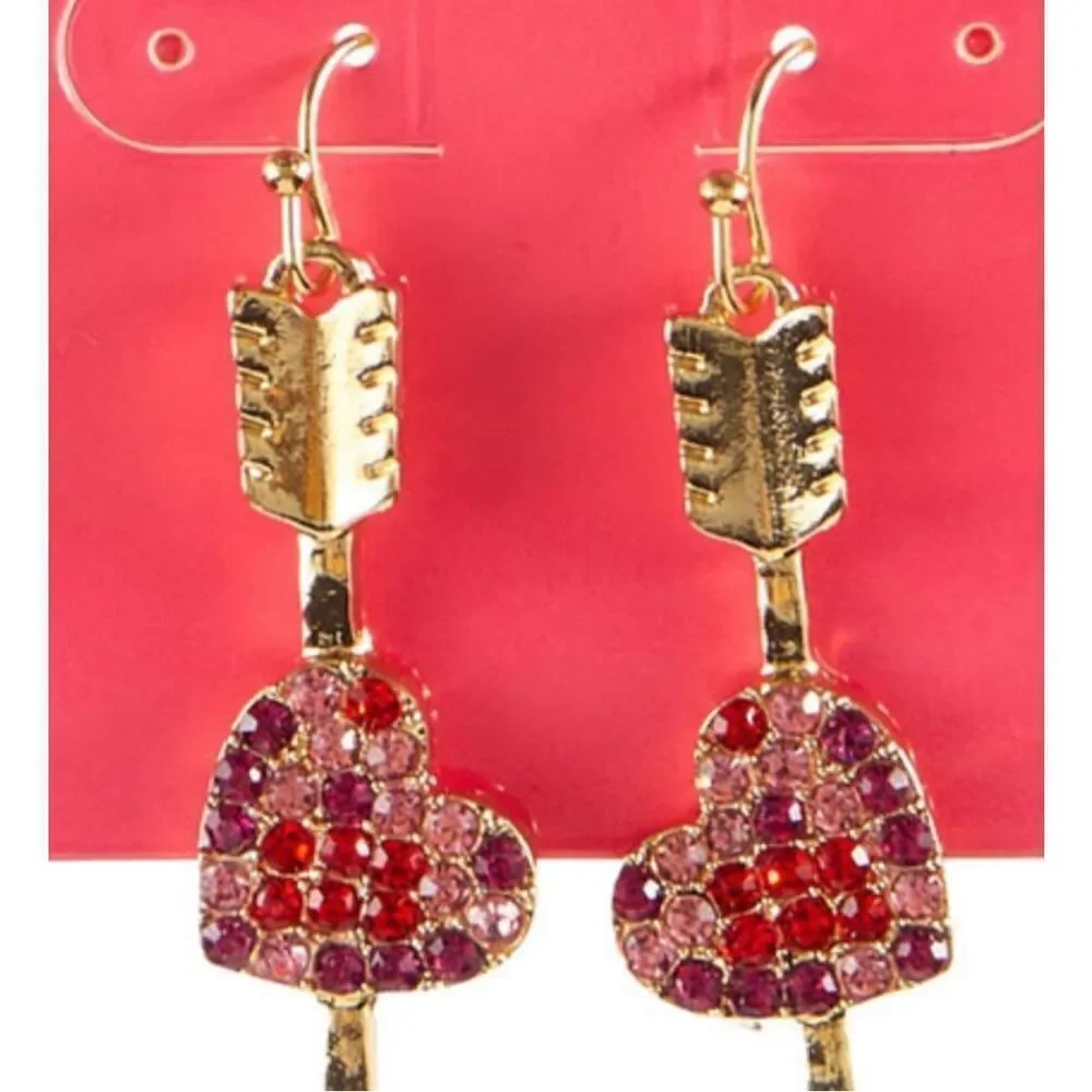 Earrings Heart Arrow Key Dangle‎ Red Pink Gold Jewelry Gift Betsey Johnson Vibes