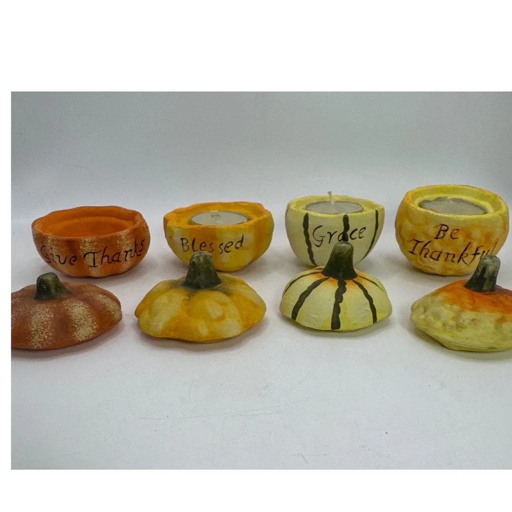 Set of 4 Ceramic‎ Pumpkin Gourd Tea Light Candle Holders Give Thanks Bless Grace