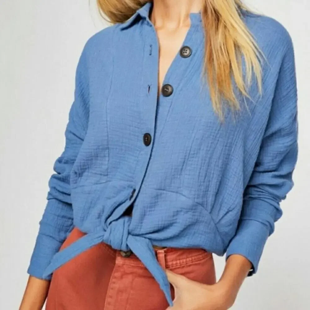 FREE PEOPLE Sun Streaks Tie Front Gauze Cotton Top Ocean Blue {3B47}