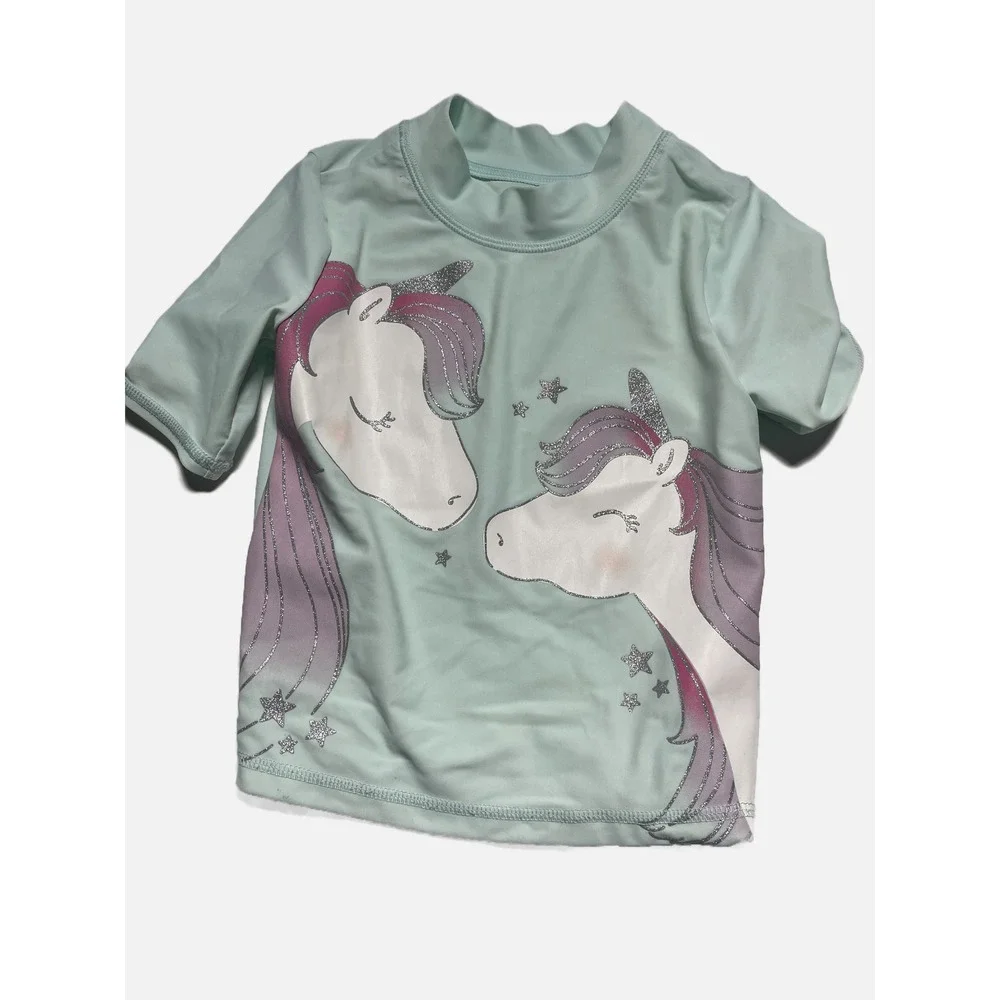 Carter's‎ Rash Guard Kids 5 Mint Green Unicorn Glitter Swim Shirt Beach Sun Wear