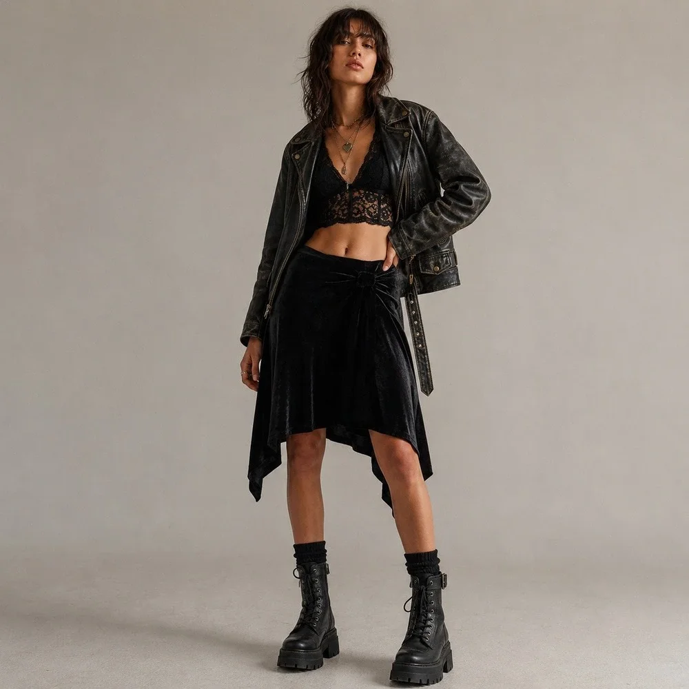 Express Y2K Black Velvet Handkerchief Hem Midi Skirt Size  S Edgy Grunge Concert