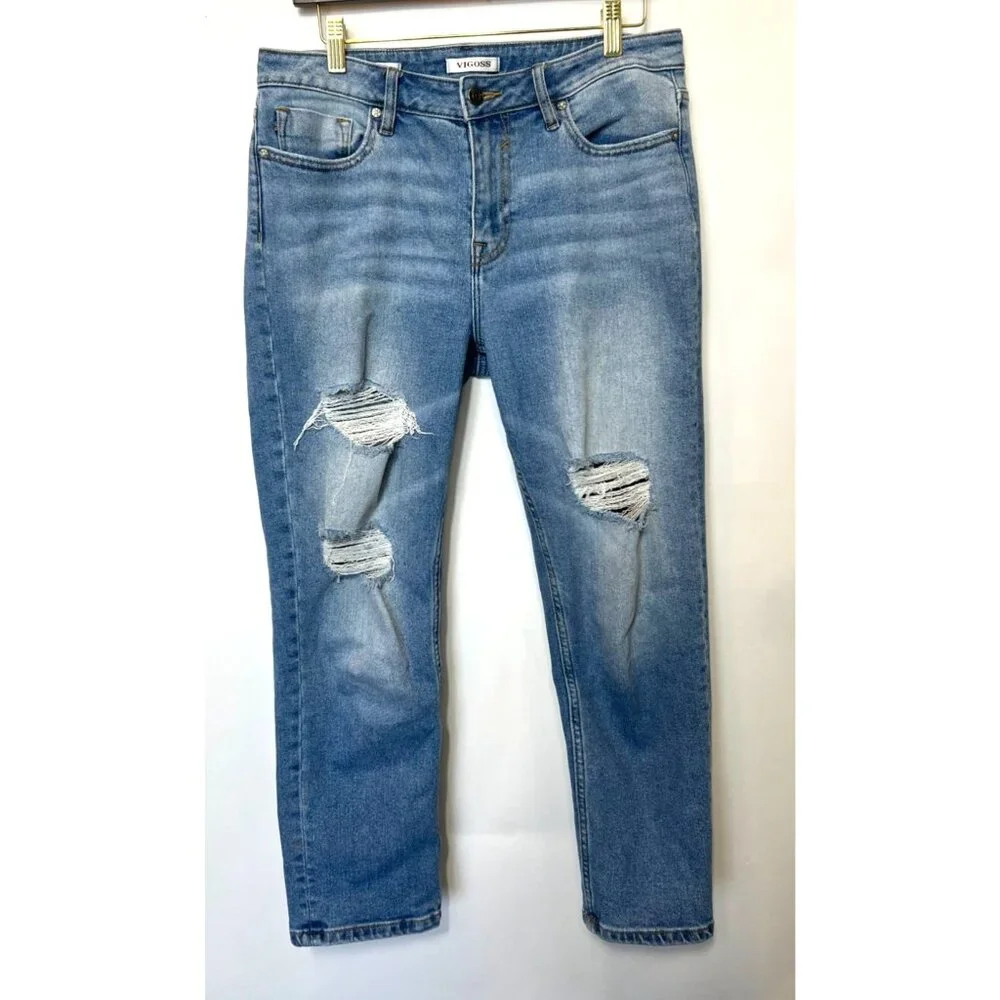Vigoss Frankie Slim Straight Denim Jeans Size 28 Distressed Ripped Blue
