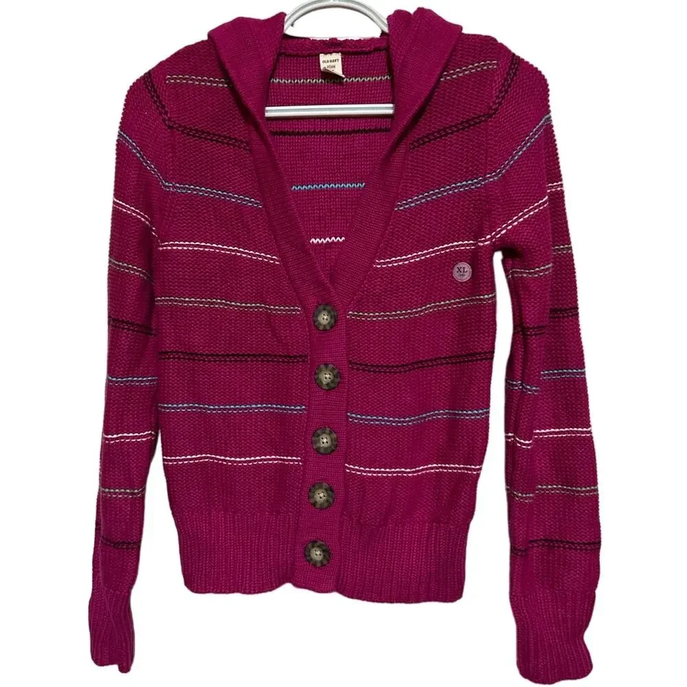 Old Navy Girl's Youth Fuschia Button‎ Down V-Neck Hoodie Sweater Size XL - 14