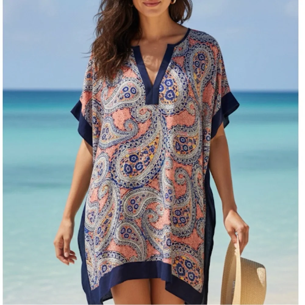 J. CREW Small Caftan Top/Swim Cover-up Navy Paisley Resortwear Vacation Like New