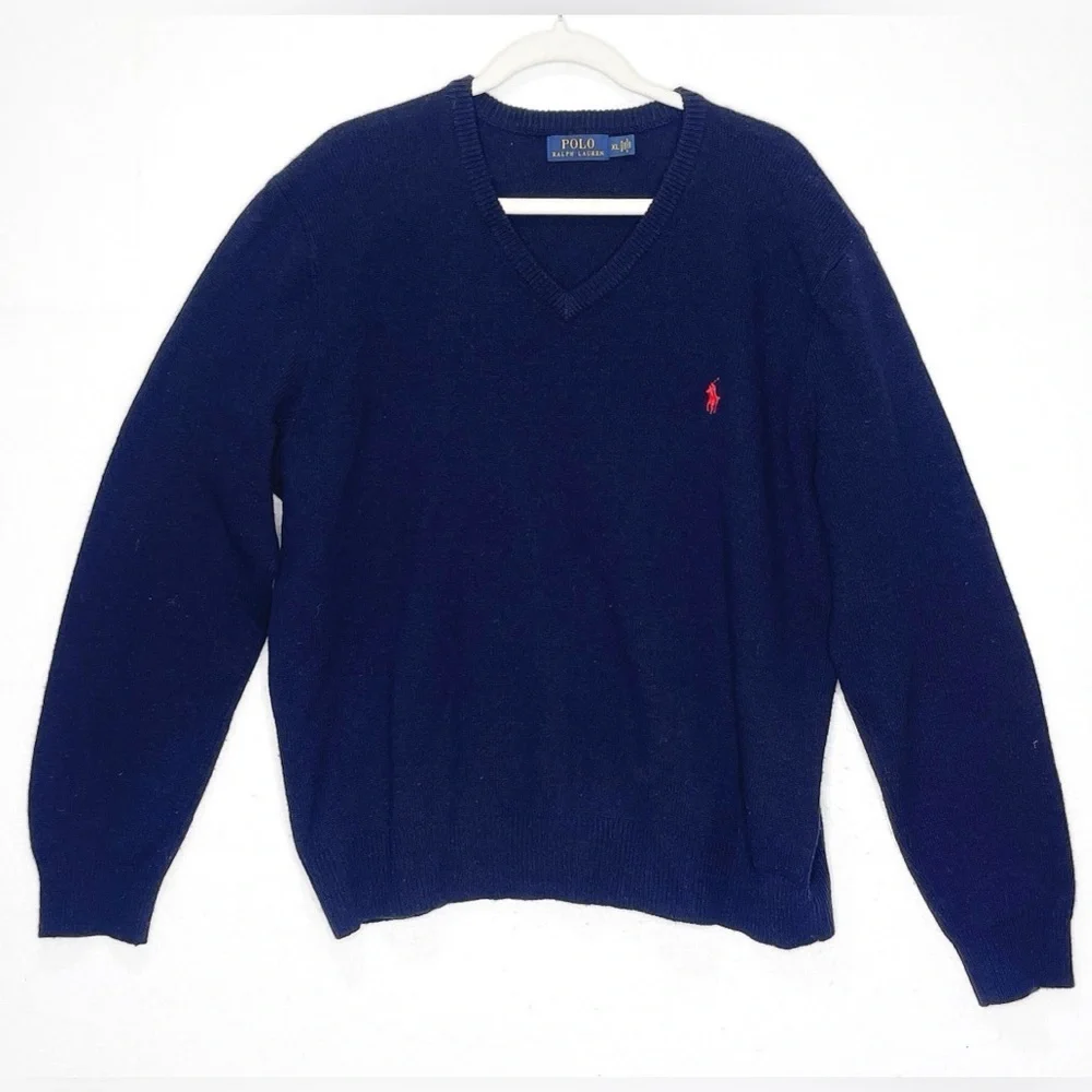 Polo Ralph Lauren Men’s 100% Lambs Wool V-Neck Sweater Embroidered Logo XL Navy