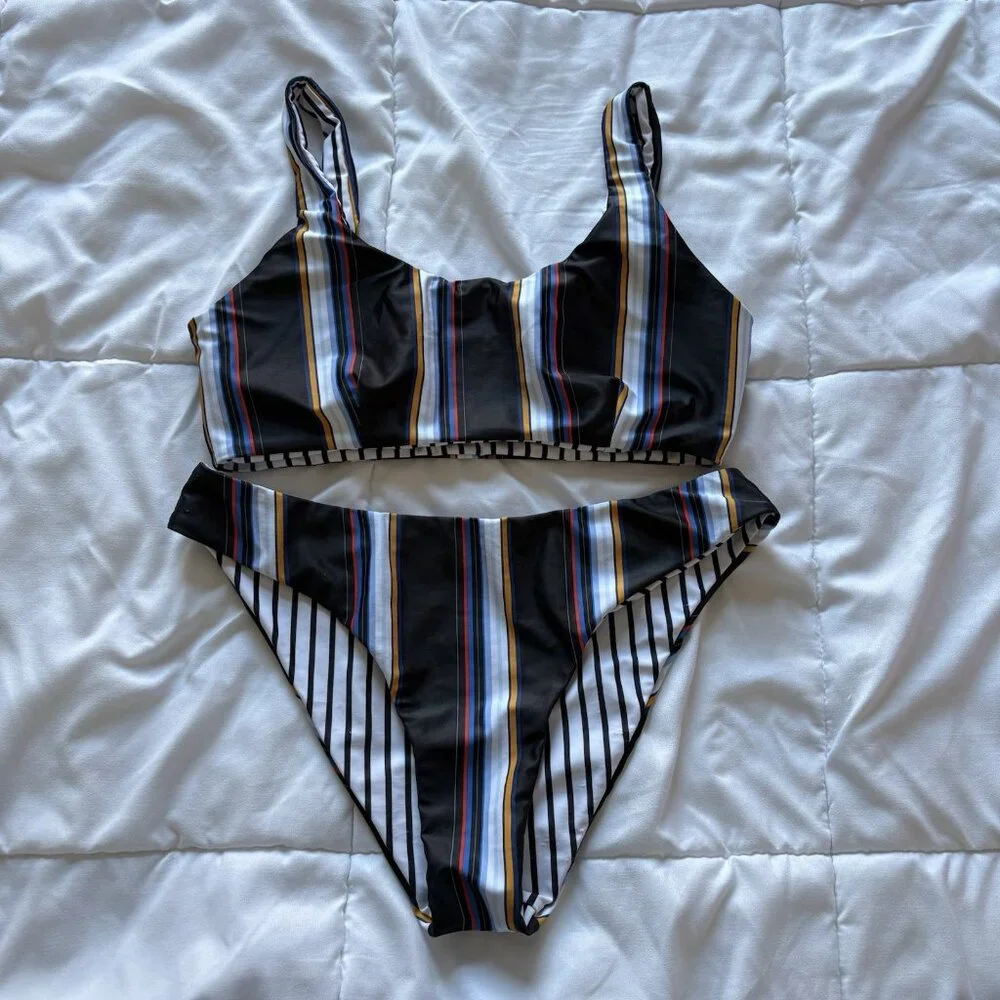 Womens Bikini Set Swimsuit Top Bottom Striped‎ Reversible White Black Summer