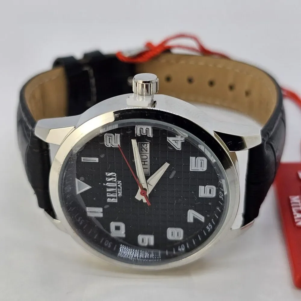 Benoss‎ Milan 38MM Men's Watch Black Dial Day Date Indicator Black Leather Bands