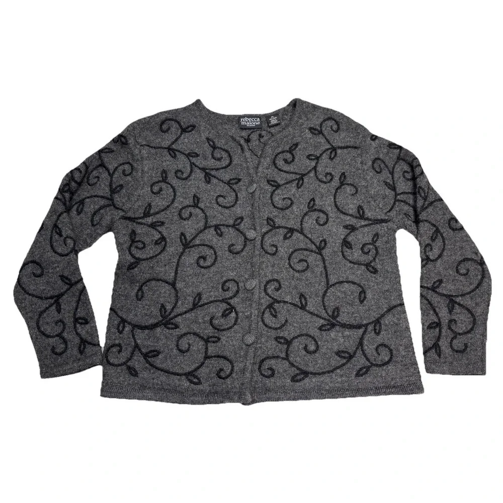 Rebecca Malone Petites PL Wool Cardigan Sweater‎ Gray Embroidered Vine 100% Wool