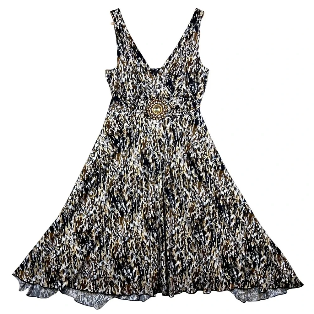 True Envy Womens Brown Abstract Print Beaded Empire Waist Midi Dress 6 8031