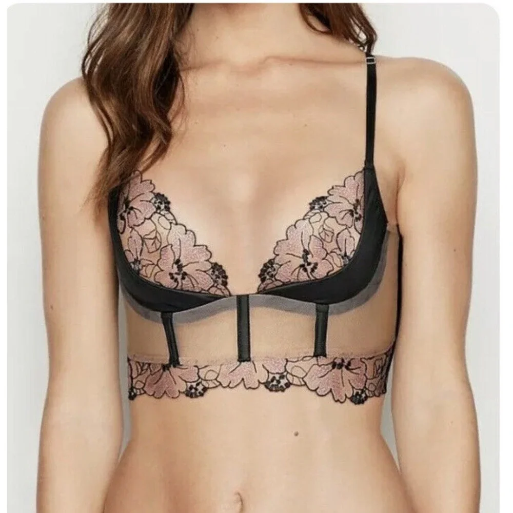 Victoria's Secret Lightly Lined Quarter Cup Longline Bra‎ Sz 32DD - Embroidered
