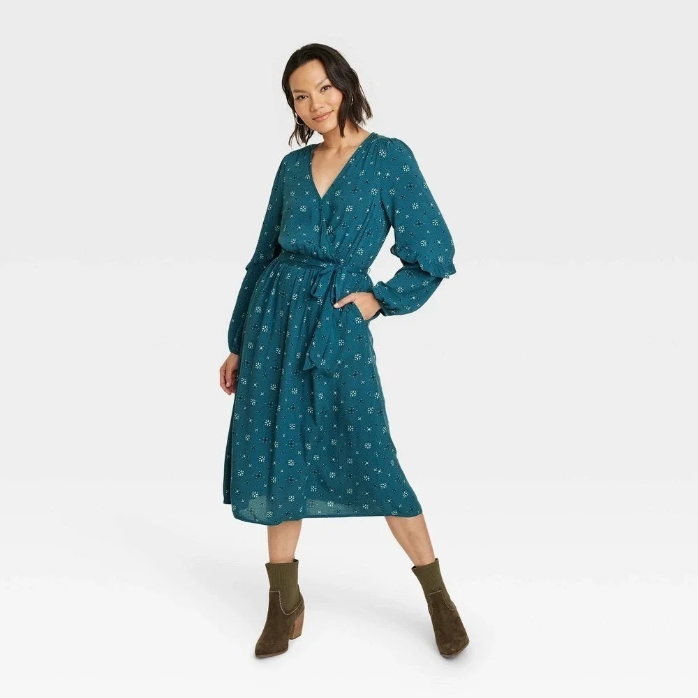 Knox Rose Womens Teal Floral Geometric Print V-Neck Tie Waist Midi‎ Dress Large