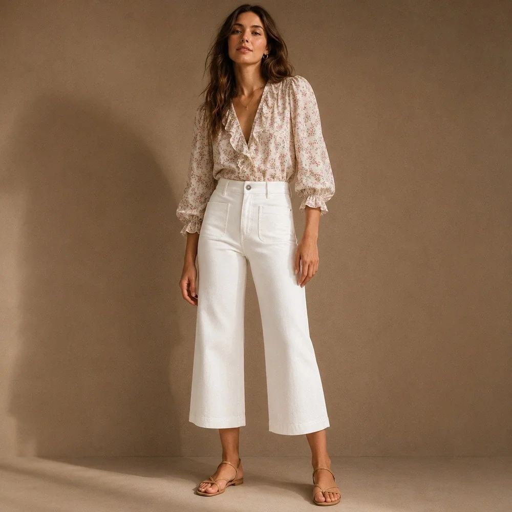 Spanx Wide Leg Pull On Crop Patch Pocket Jeans White Sz M