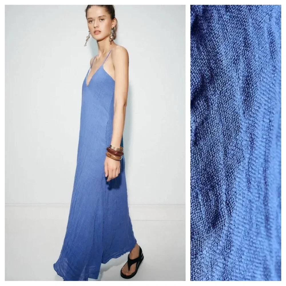 NWT Zara Blue Strappy V-Neck Midi Dress