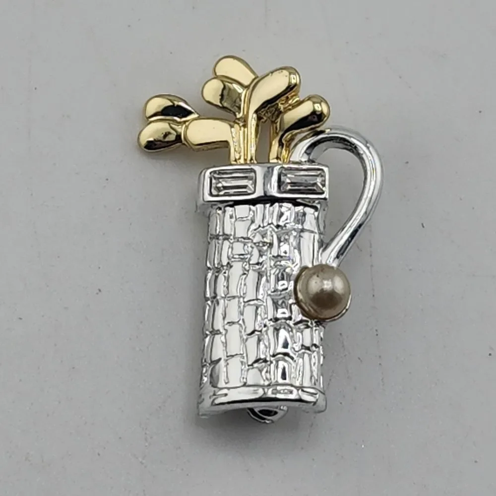 Signed‎ Danecraft Two Tone Golf Bag Rhinestone Pearl Brooch Gold Silver