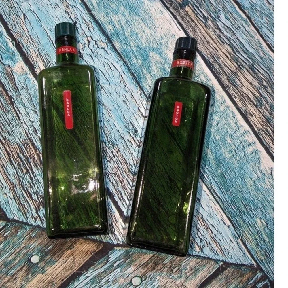 Vintage MCM Green Glass Liquor Bottles‎ Set of 3 Travel Bar Decanters Whiskey