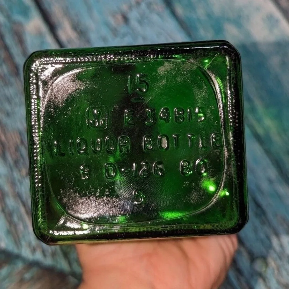 Vintage MCM Green Glass Liquor Bottles‎ Set of 3 Travel Bar Decanters Whiskey