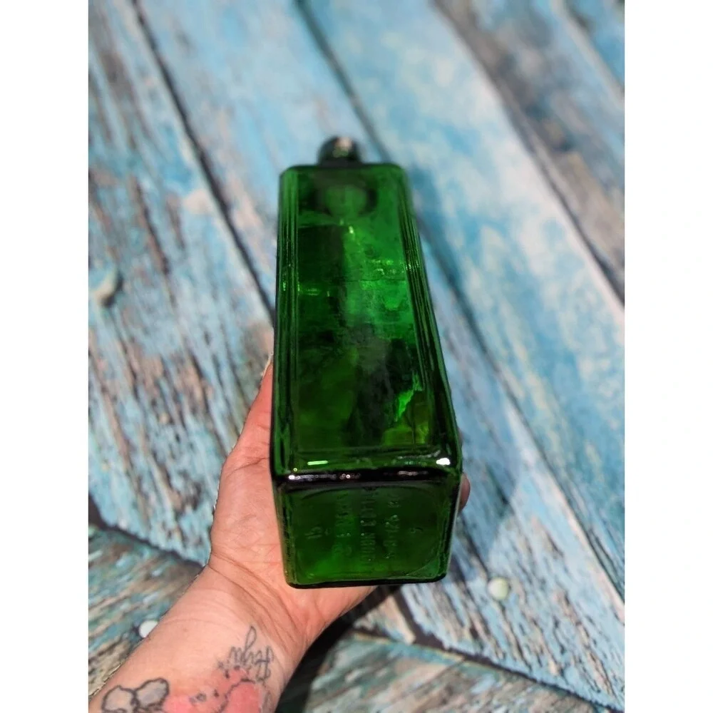 Vintage MCM Green Glass Liquor Bottles‎ Set of 3 Travel Bar Decanters Whiskey