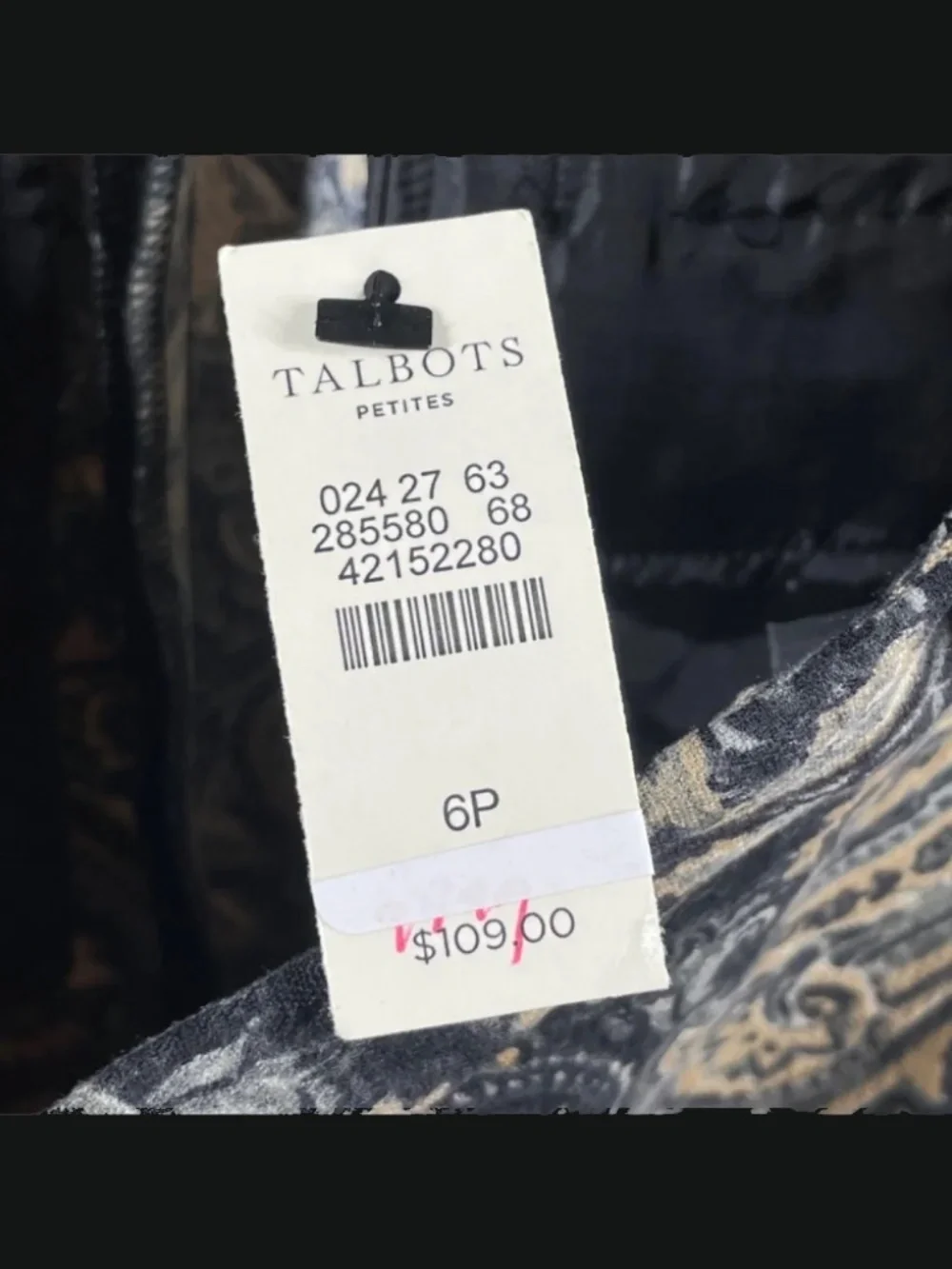 NEW Talbots Pants Womens 6 petite black tan floral paisley Hampshire straight