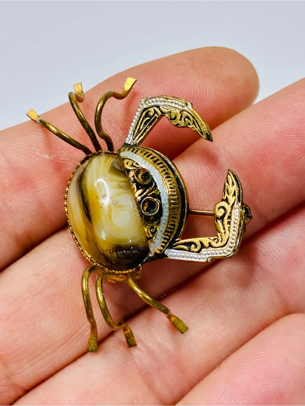 Vintage Spanish Damascene Crab Brooch Signed SPAIN Nautical Vacation Summer