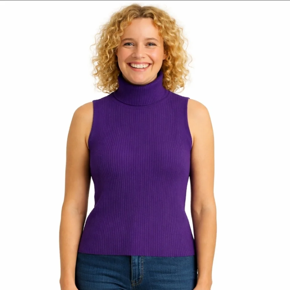 Chicos Purple Silk Blend Sleeveless Ribbed Knit Womens Turtleneck Sz 1 (M)