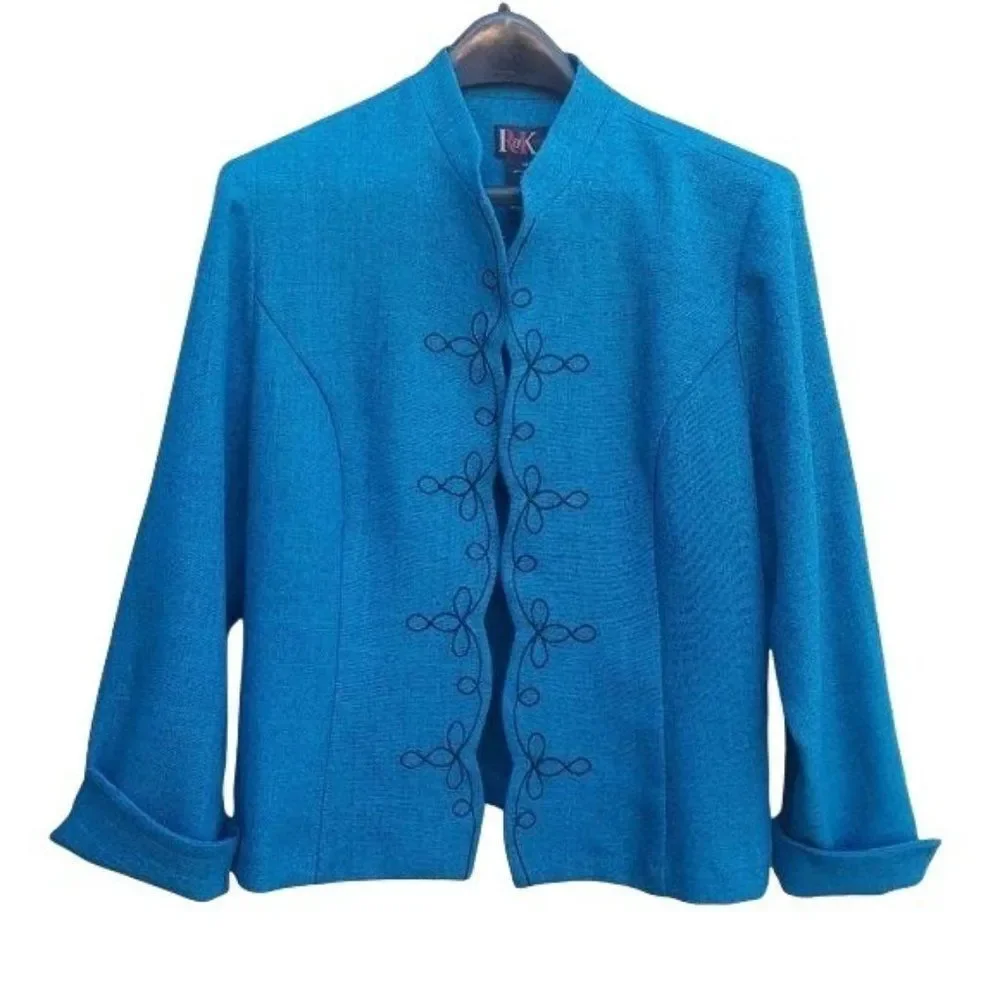 Vintage R&K Blazer Open Scalloped Mandarin Swirl Embroidered Cuffed‎ Teal Sz 14P