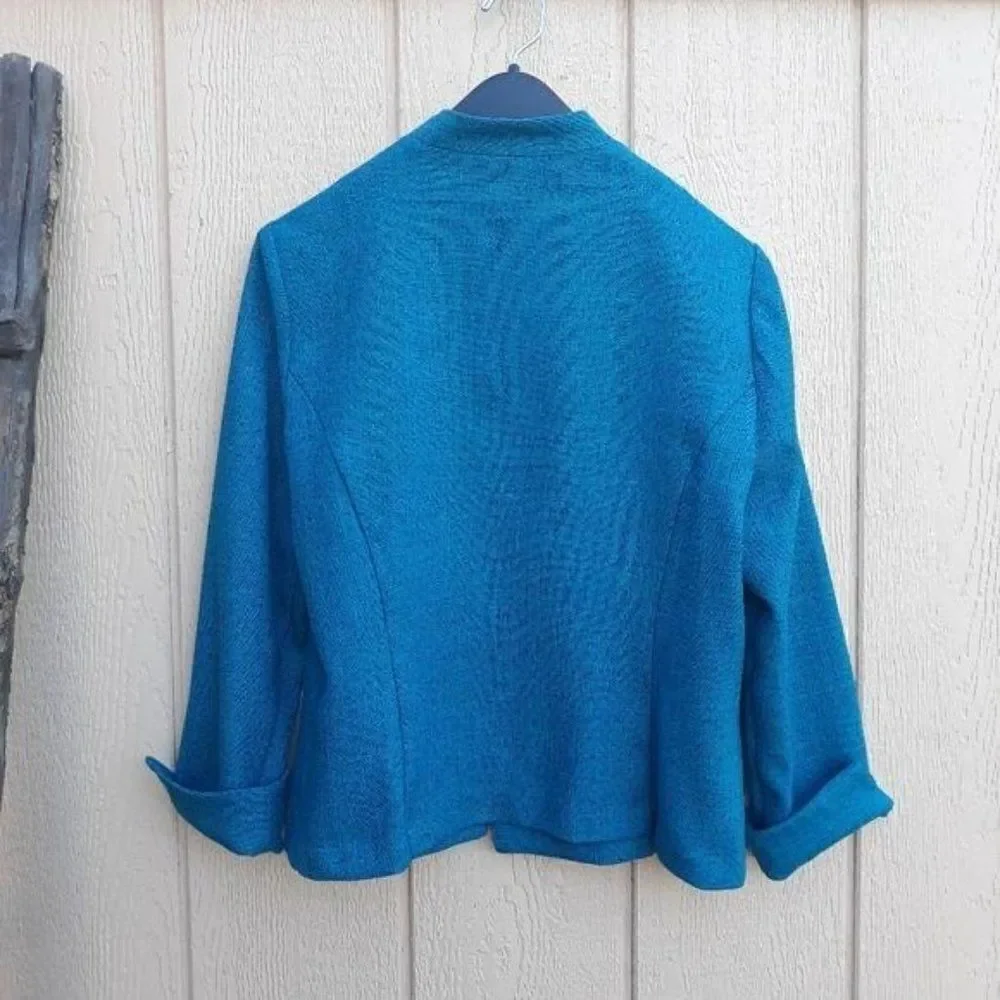 Vintage R&K Blazer Open Scalloped Mandarin Swirl Embroidered Cuffed‎ Teal Sz 14P