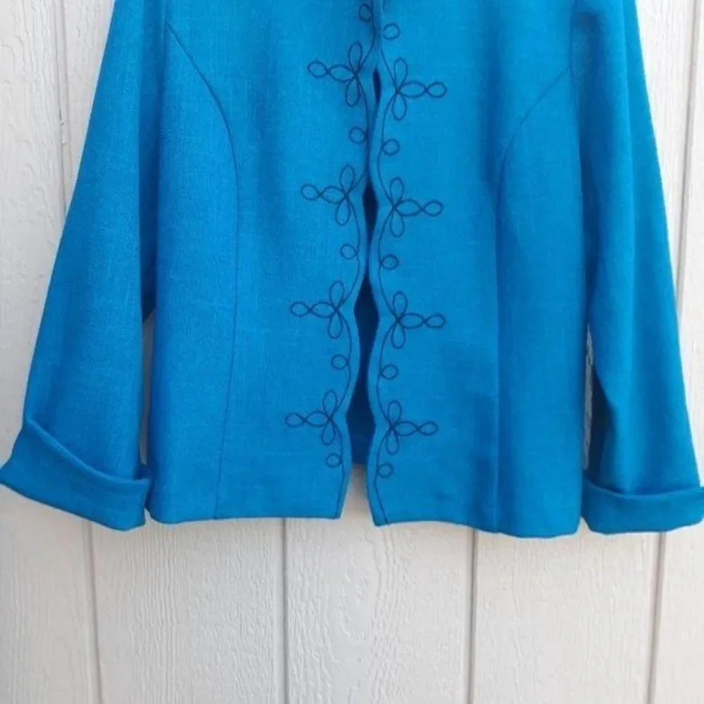 Vintage R&K Blazer Open Scalloped Mandarin Swirl Embroidered Cuffed‎ Teal Sz 14P