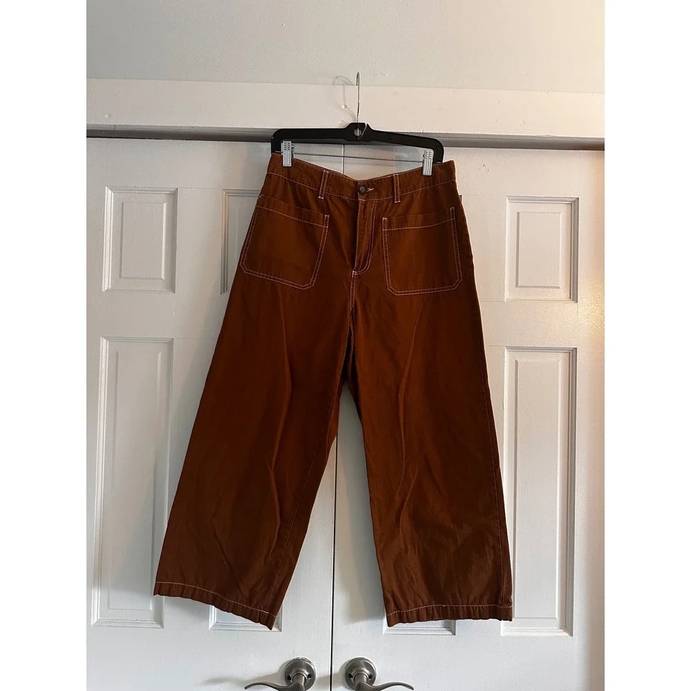 Who What Wear Rust Brown Wide Leg Crop Utility Pants Contrast Stitch Size 10