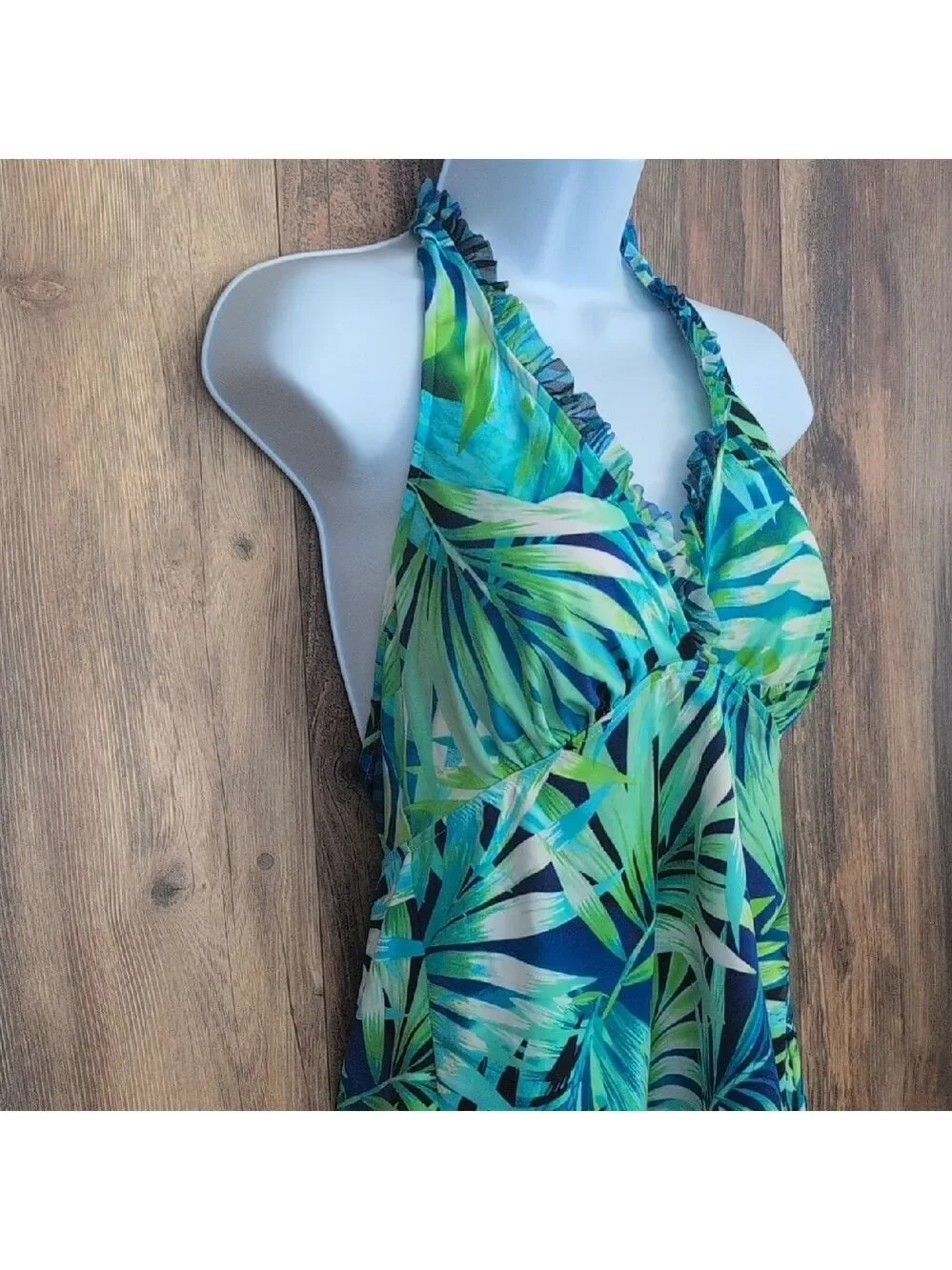 Caribbean Joe Blue and Green Leaf Print Tankini Swim Top 14      -628E